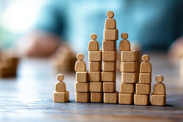 Wooden Blocks Hierarchy: A conceptual image depicting a hierarchy or organizational structure using wooden blocks and figurines.  The blocks are stacked to form a pyramid shape.