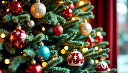 Beautifully decorated Christmas tree with sparkling lights and colorful ornaments in a cozy living room
