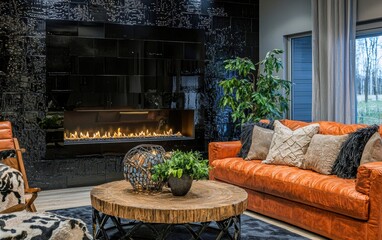 A large recessed bio fireplace framed by black tiles in a luxury modern living room