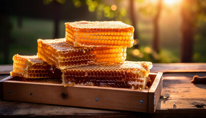 Golden honeycomb frames filled with amber-hued liquid gold sit neatly stacked on a rustic wooden crate, inviting one to savor nature's sweet bounty.