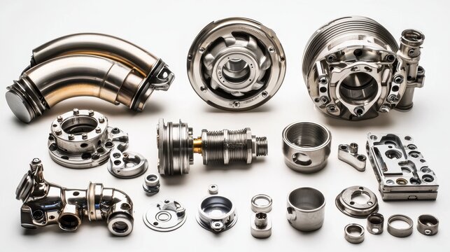 A set of turbocharger components including the turbine, compressor, and wastegate on a white isolated background