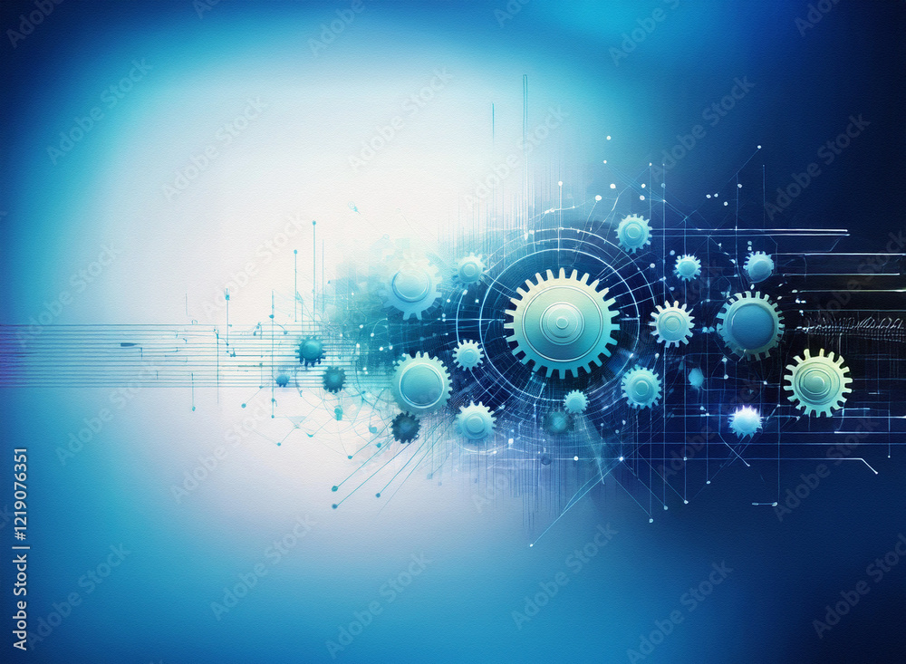 Poster abstract digital art depicting interconnected gears in shades of blue, symbolizing complex systems a