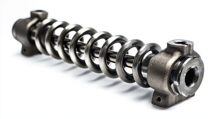 A close-up of an engine valve spring with a piston and rod assembly on a white isolated background