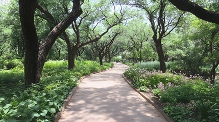 Serene Park Pathway, Lush Greenery and Sunlit Trail