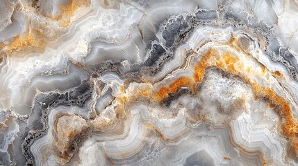 Fototapeta premium The image features a close-up view of a striking onyx stone with an intricate pattern of white, grey, and orange hues.