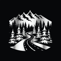 Obraz premium Nature Logo: Pine Forest, River & Rocks Hand-Drawn for Unique Painting & Design Creations. Hand-Drawn Hill and River: Mountain Club Artwork for Adventure T-Shirts and Creative Painting Design. 
