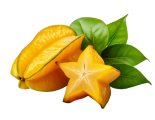 a Starfruit with leave on white background