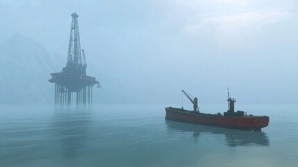 Fototapeta premium A cargo ship anchored near an oil rig in the middle of the ocean.
