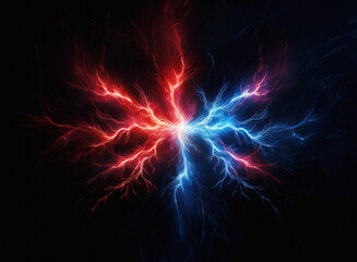 Obraz premium A mesmerizing abstract image showcases a clash of red and blue electrical energy, forming a striking, symmetrical pattern against a stark black background. The vibrant colors and dynamic forms create