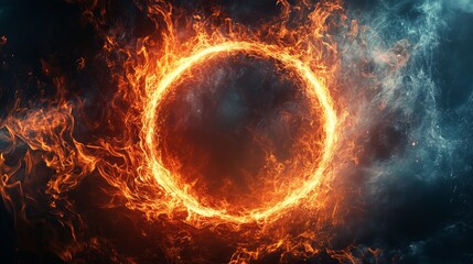 Obraz premium Fiery Circle Illuminating Deep Blue Background Creating a Dramatic Contrast of Light and Darkness