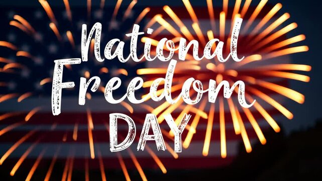 National Freedom Day  animation banner. white Handwriting thin Letters "National Freedom Day" over American flag with fireworks blurred background. 4k video	
