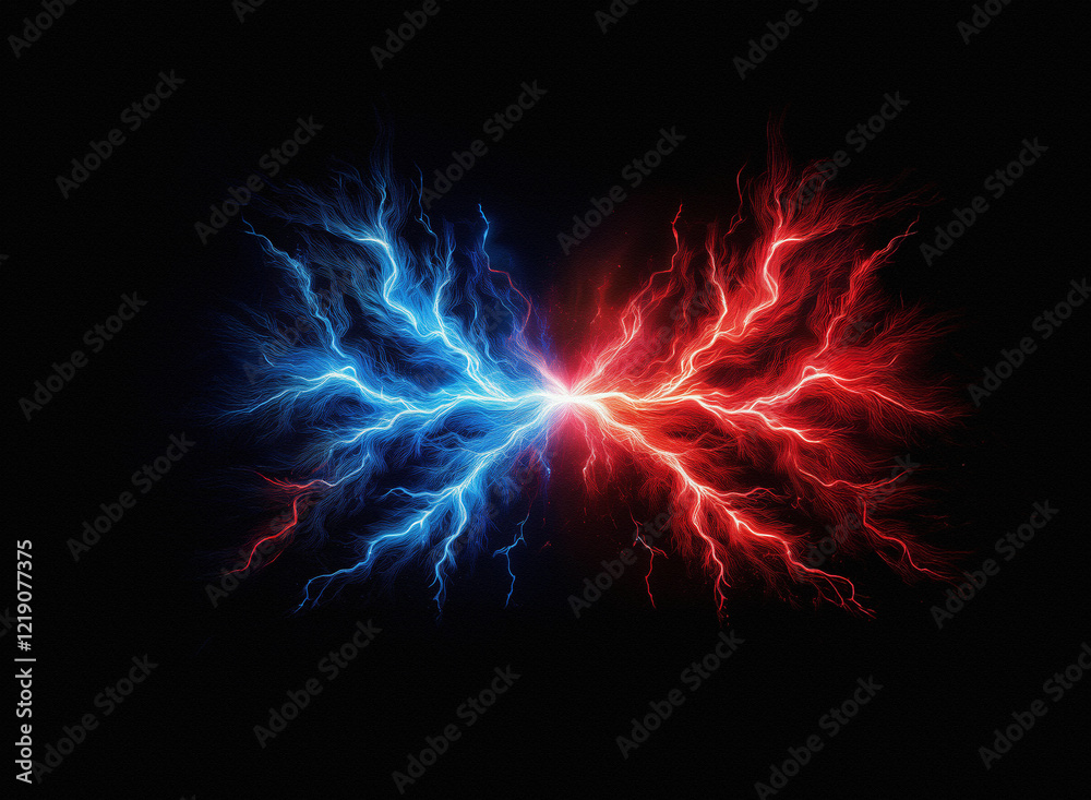Poster Fiery red and icy blue energy collide in a dark void, forming a striking, symmetrical pattern reminiscent of a butterfly's wings.  The contrasting colors and sharp lines create a powerful visual impac