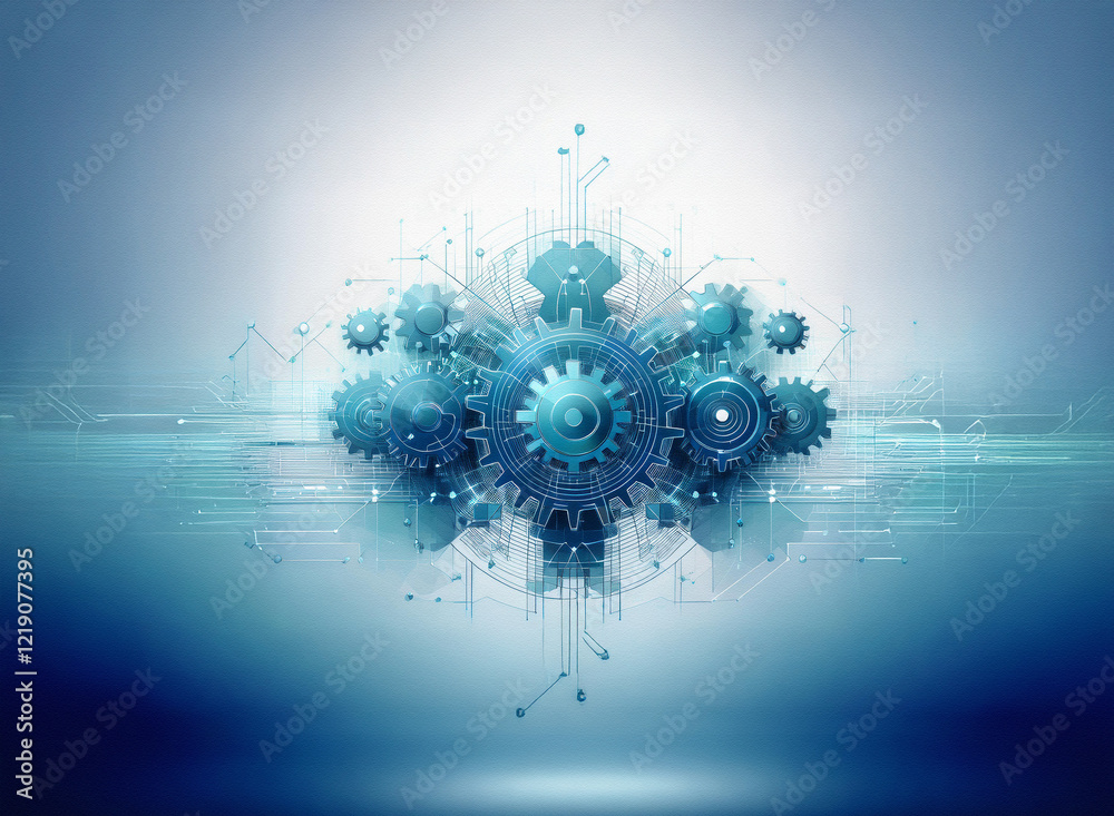 Aufkleber Abstract image depicting interconnected gears and circuitry, symbolizing technological synergy and complex processes.  A futuristic, streamlined design with a cool blue color palette.