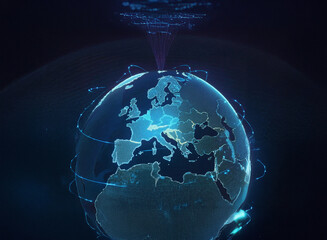 A translucent, glowing digital Earth, centered on Europe, with data streams flowing in and out.  Global connectivity and data flow are visualized.