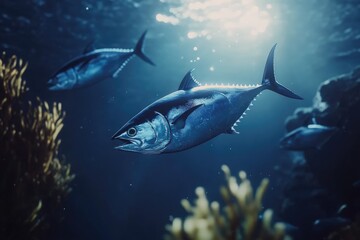 Two tuna fish swimming in deep blue ocean water near coral reef.