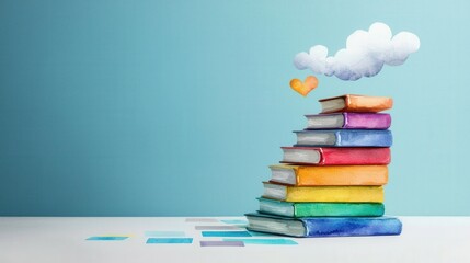 Colorful Stack of Books with Cloud and Heart Illustration
