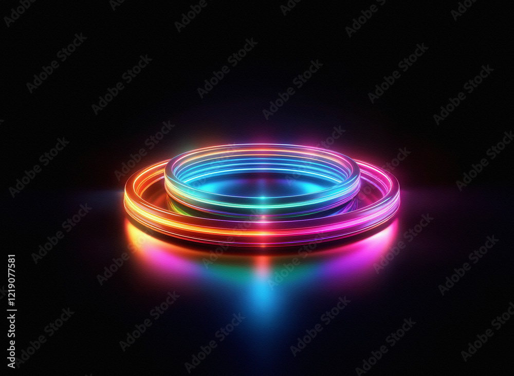 Poster vibrant, multicolored neon rings create a glowing, circular platform on a dark reflective surface. t