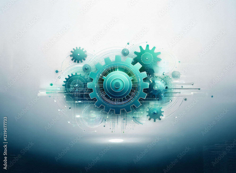 Aufkleber Abstract teal gears and technological elements form a dynamic, interconnected system against a soft, gray background, suggesting innovation and complex machinery.