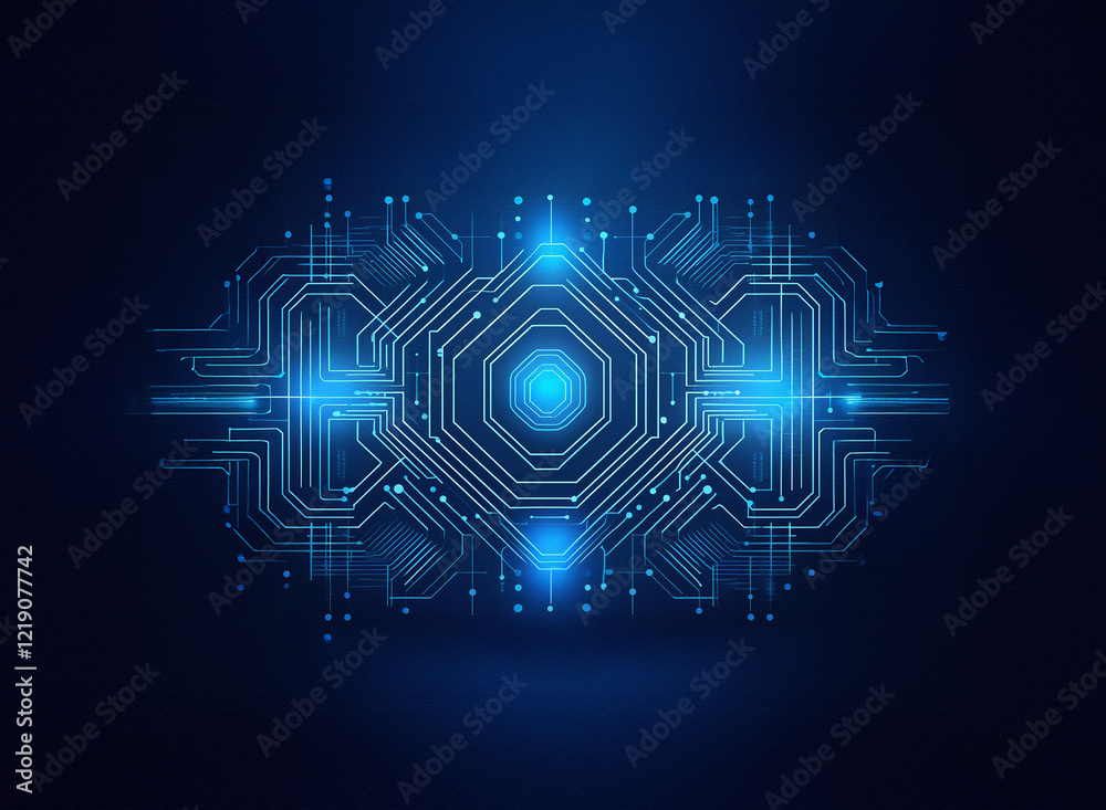 Aufkleber Abstract digital circuitry glowing bright blue.  Intricate design, technological, futuristic, and network-like.  Central eye-like core radiates light.