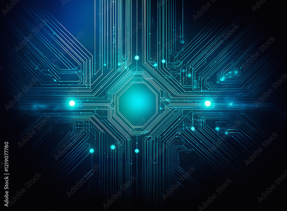 Poster abstract digital artwork depicting a glowing, teal circuit board. intricate lines and nodes form a s