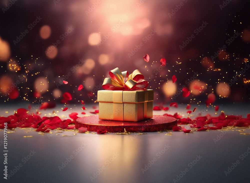 Poster a golden gift box with a red ribbon sits on a red circular platform surrounded by falling rose petal