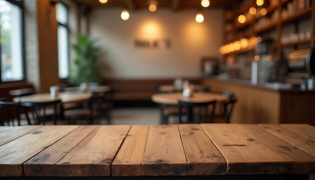 Rustic Wooden Table in Cozy Cafe Setting
