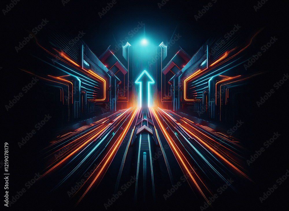 Poster glowing neon arrow ascends a futuristic, symmetrical pathway of vibrant orange and blue lines within