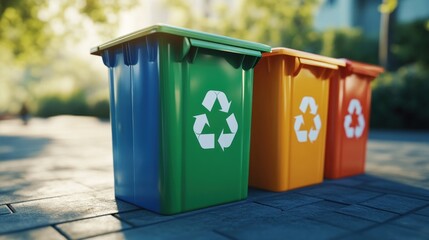 Obraz premium Colorful recycling bins in city park, promoting eco-friendly waste disposal