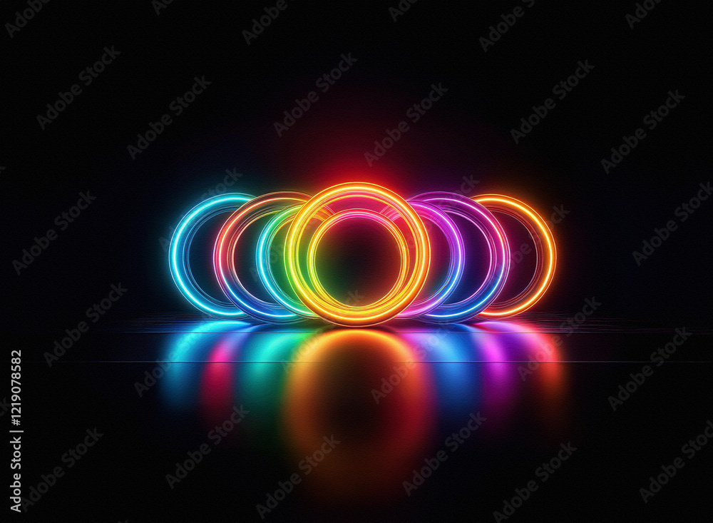 Aufkleber vibrant rainbow neon rings glow brightly against a dark background, their reflections mirroring the 