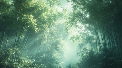 Obraz premium Sunbeams filter through the dense bamboo forest, casting dappled shadows on the lush greenery.