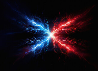 Clashing blue and red energy bursts form a striking, symmetrical X against a black background.  The vibrant colors and dynamic forms create a powerful visual.