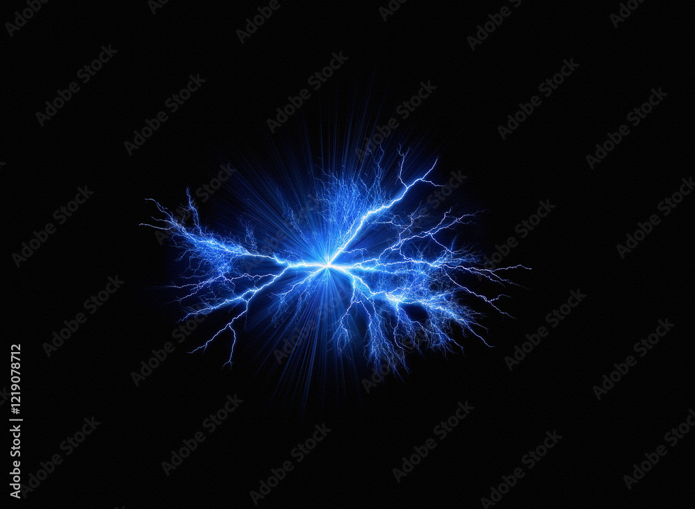Poster intense blue electrical energy bursts forth, radiating outwards against a stark black background. th