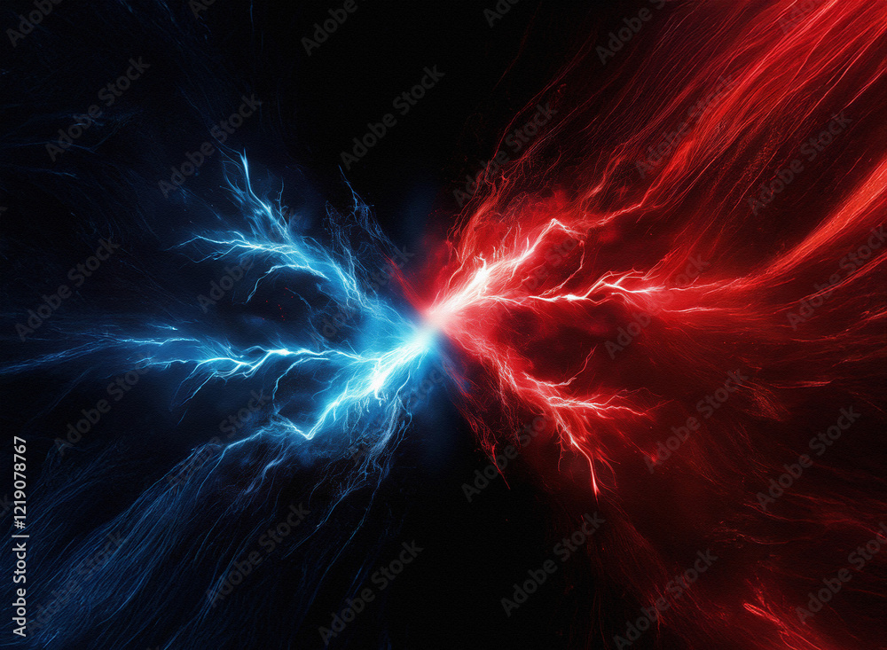 Poster clashing energy streams of vibrant blue and red electricity illuminate the dark void. the opposing f