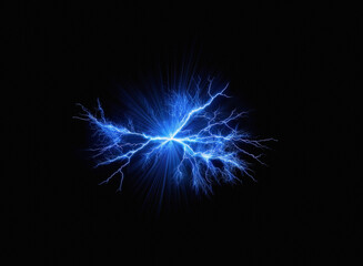 Fototapeta premium Intense blue electrical energy bursts forth, radiating outwards against a stark black background. The fractal-like branches of the discharge create a mesmerizing display of light and power.