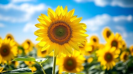 Fototapeta premium A close-up photograph of a sunflower in a field of sunflowers on a sunny day.