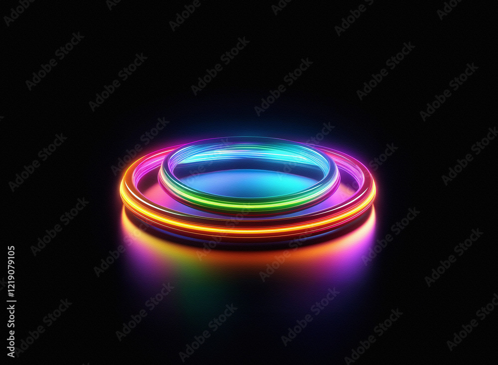 Poster two vibrant, glowing rainbow rings rest on a reflective surface against a stark black backdrop. the 