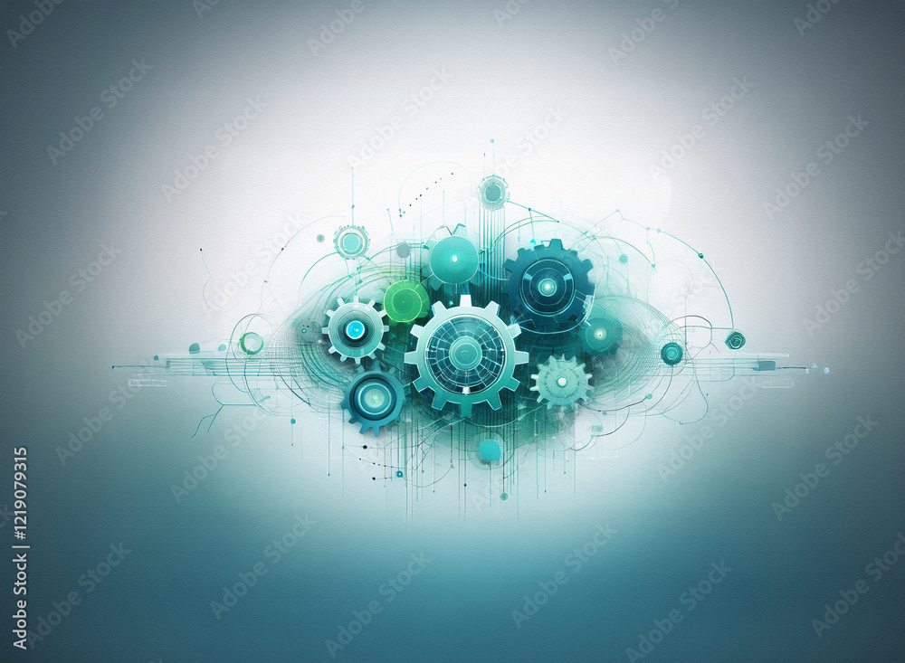 Aufkleber Abstract image depicting interconnected teal gears within a cloud-like formation, suggesting technological synergy and innovation.  The design is minimalist and uses a soft, cool color palette.