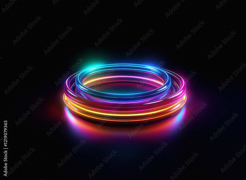 Poster Vibrant neon rings glow intensely against a stark black background, creating a captivating, futuristic display with colorful light reflections.