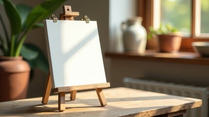 Blank Canvas on Wooden Easel in Sunlit Room, Ready for Artistic Expression and Creative Inspiration
