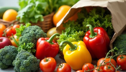 A colorful array of fresh vegetables, including red and yellow bell peppers, broccoli, and ripe tomatoes, spills from a rustic paper bag. This lively scene captures the essence of healthy eating and