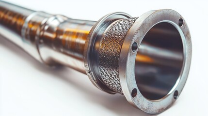A close-up of an engine exhaust pipe with flange and gaskets on a white isolated background