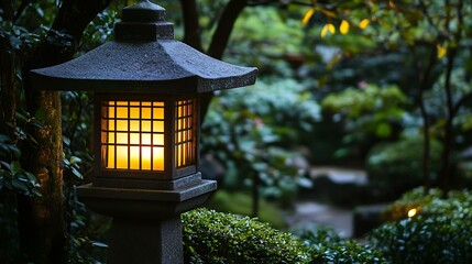A glowing lantern placed near a small shrine in a tranquil garden