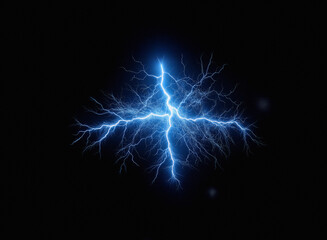 Fototapeta premium A vibrant blue electrical discharge, resembling a stylized lightning bolt, radiates across a pitch-black background. The energy pulses outwards in intricate, branching patterns.