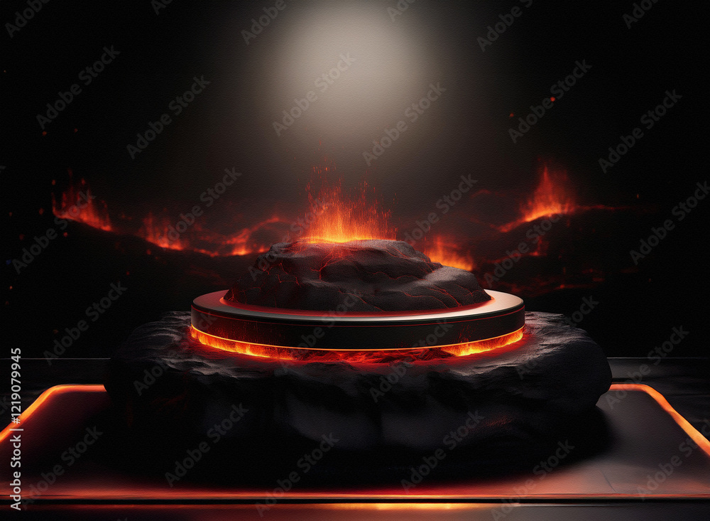 Poster fiery volcanic rock formation with glowing circular platform. a dramatic, dark scene illuminated by 