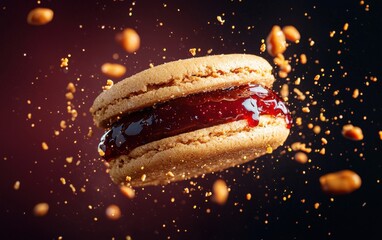 A peanut butter and jelly cookie sandwich flying with jam splatters creating vibrant motion.