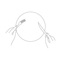 Empty plate and hands holding cutlery, fork and knife. isolated on white. Restaurant concept in one line drawing. Vector illustration. Editable stroke. 