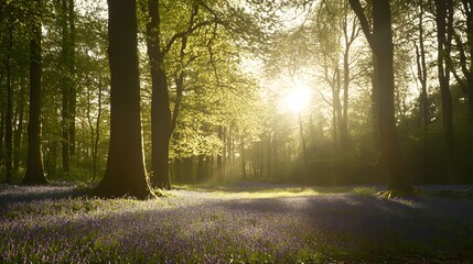 Obraz premium Sunlit Bluebell Forest Spring Woodland Scene