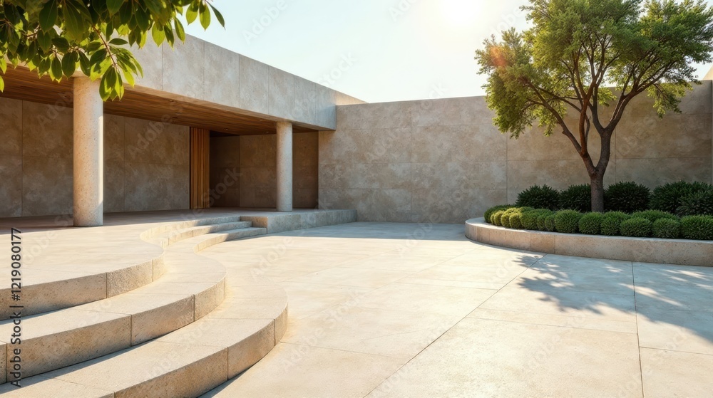 Poster modern minimalist architecture courtyard design featuring a gently curving staircase and lush greene