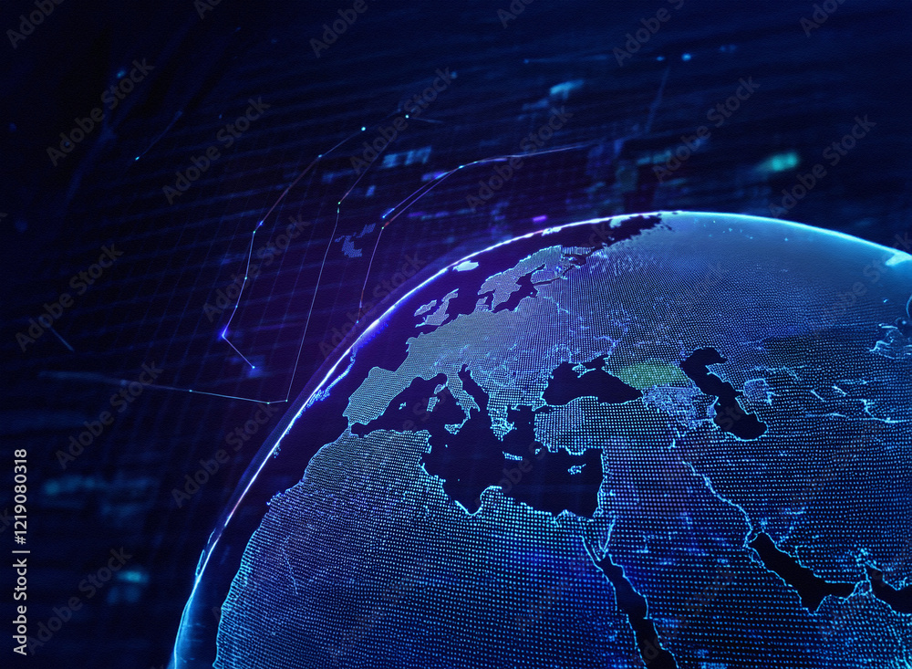 Aufkleber A glowing digital globe, showcasing Europe and surrounding regions, is embedded within a complex network of data streams.  The image evokes themes of global connectivity and digital transformation.
