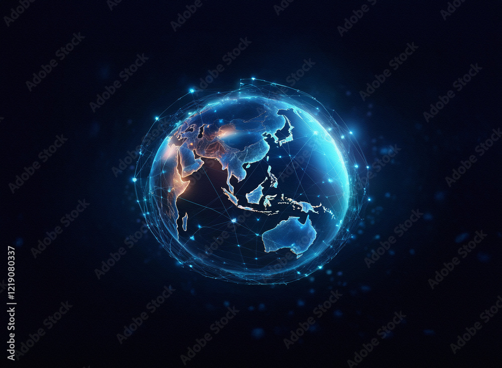 Poster Glowing digital Earth, encircled by a network of interconnected nodes, representing global communication and data flow.  Dark blue background emphasizes the digital aspect.
